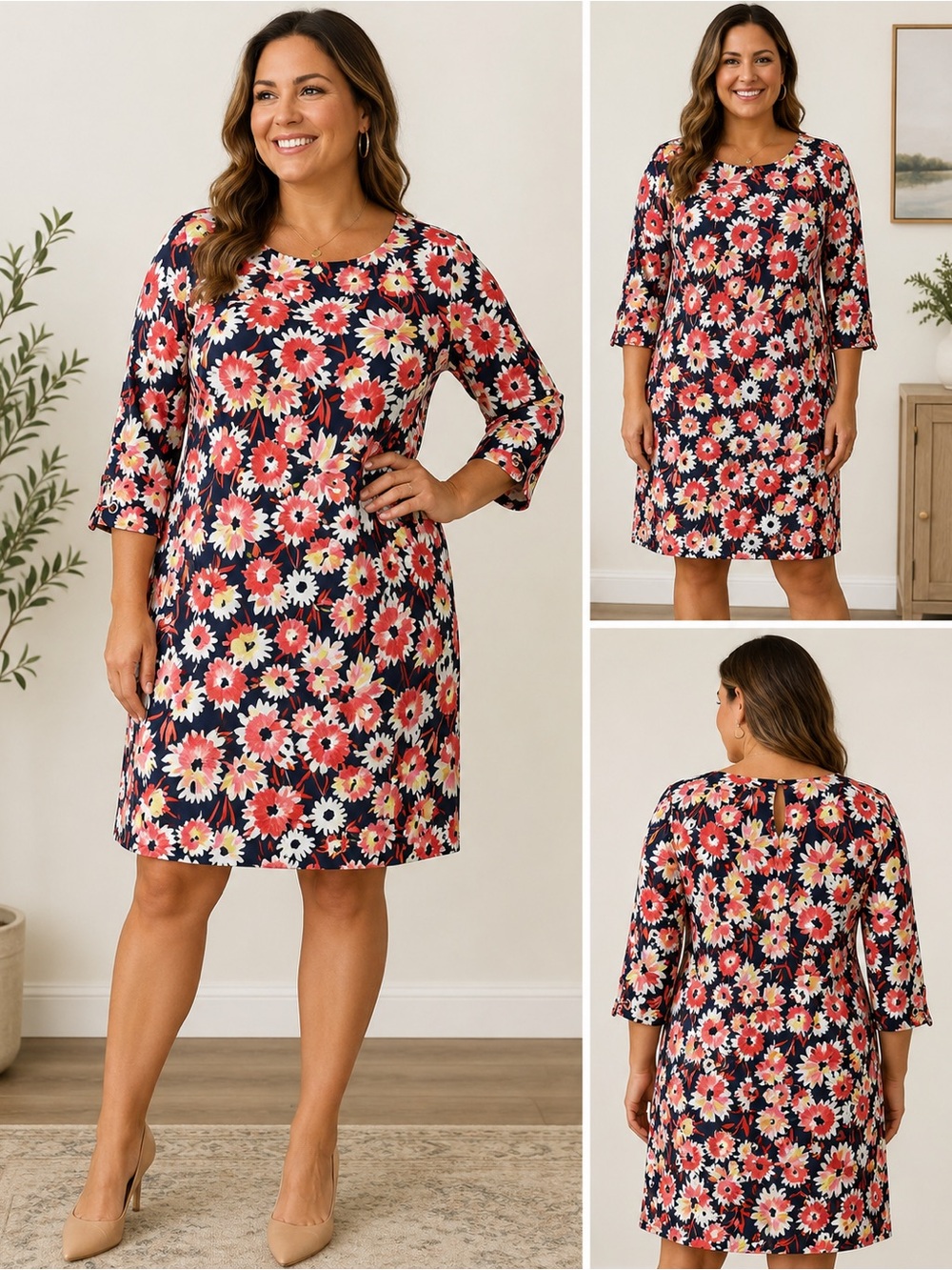 Tommy Hilfiger Navy Floral Shift Dress with Pink & White Blooms